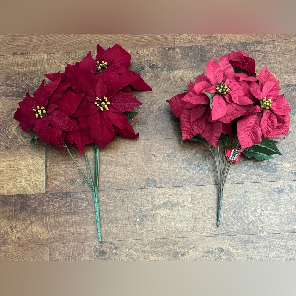 NWT set of 2 faux burgundy poinsetta bushes Christmas Xmas